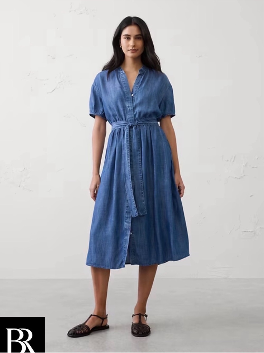 Banana Republic Indigo Button-Front Midi Dress with Tie Waist